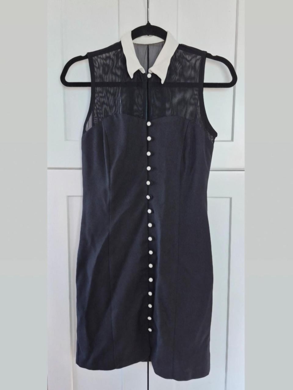 Sleeveless Black Sheer-Top Dress with White Collar